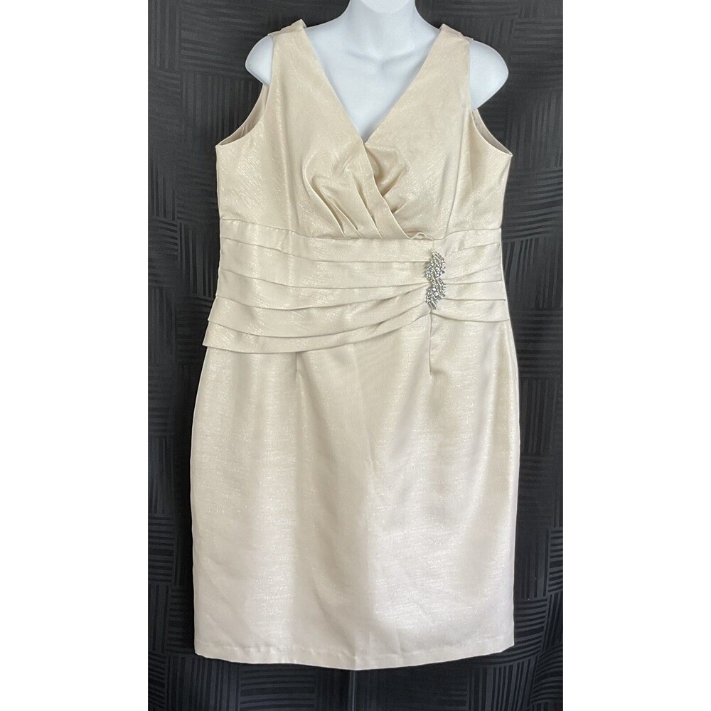 Cachet Sleeveless Sheath Dress 18 Beige Glitter Pleated V-neck/back Rhinestones